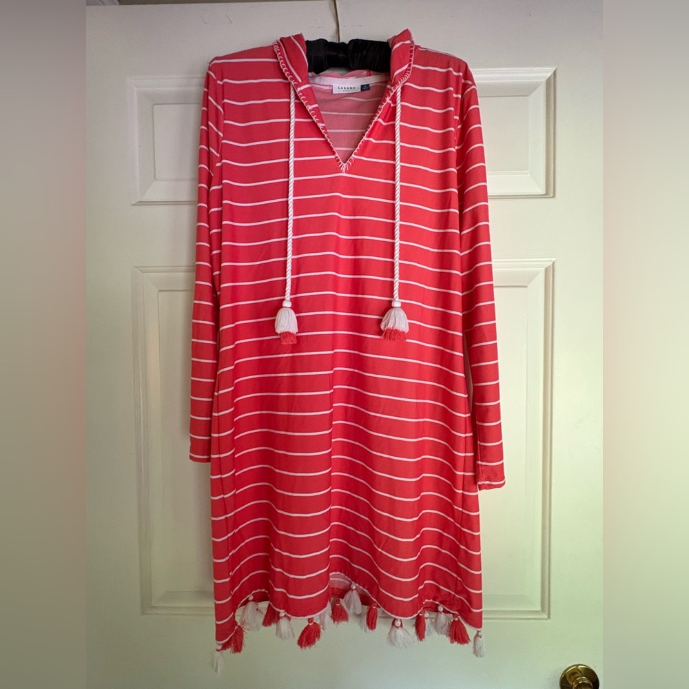 Cabana Life Coral and White Hooded Coverup